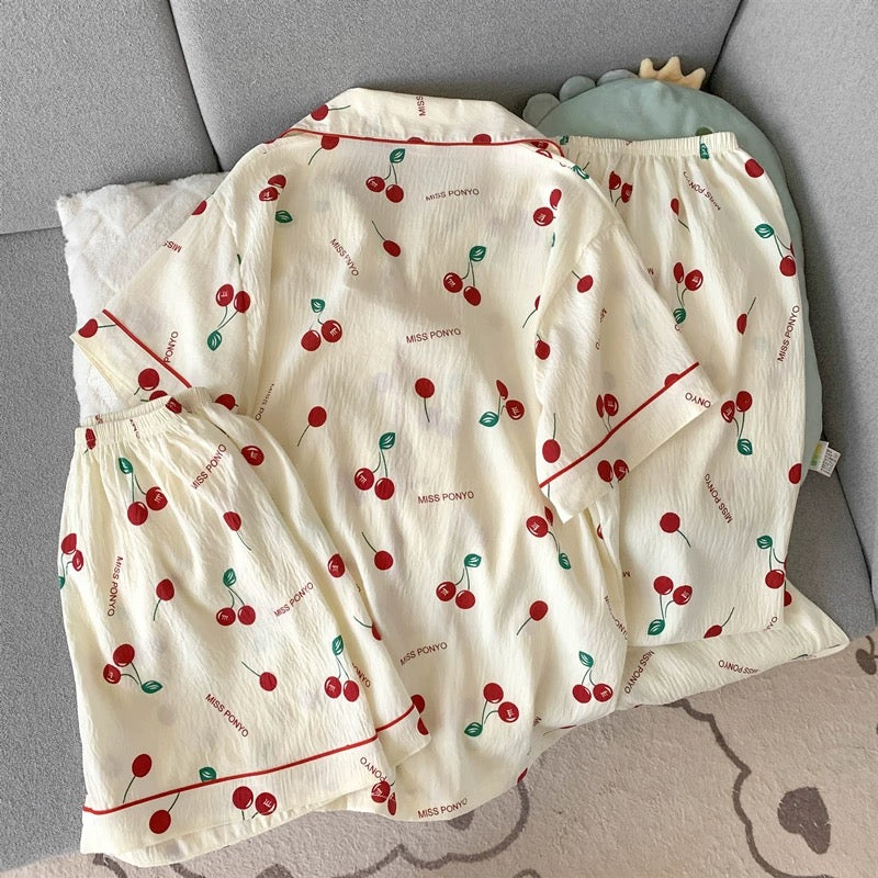 Red Cherry Bliss Padded Nightsuit - 3pc set